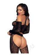 Leg Avenue Lace Long Sleeve Halter Choker Crop Top, Lace Suspender Hose, And G-string (3 Piece) - O/s - Black