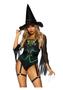 Leg Avenue Broomstick Babe Bodysuit With Lace Up Deep-v And Waist Cincher Buckle Accent, Attached Garters, And Witch Hat (2 Piece) - Large - Black